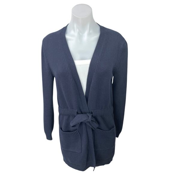 Michael Kors Navy Blue Long Sleeve Knit Pocket Tie Cardigan Sweater Top Size M - Picture 1 of 4